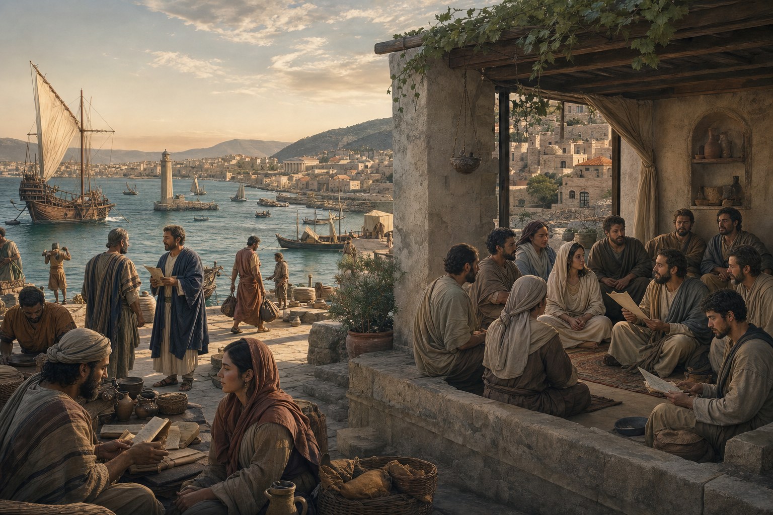 A reconstructed scene of eastern Mediterranean cities and house communities in the first century