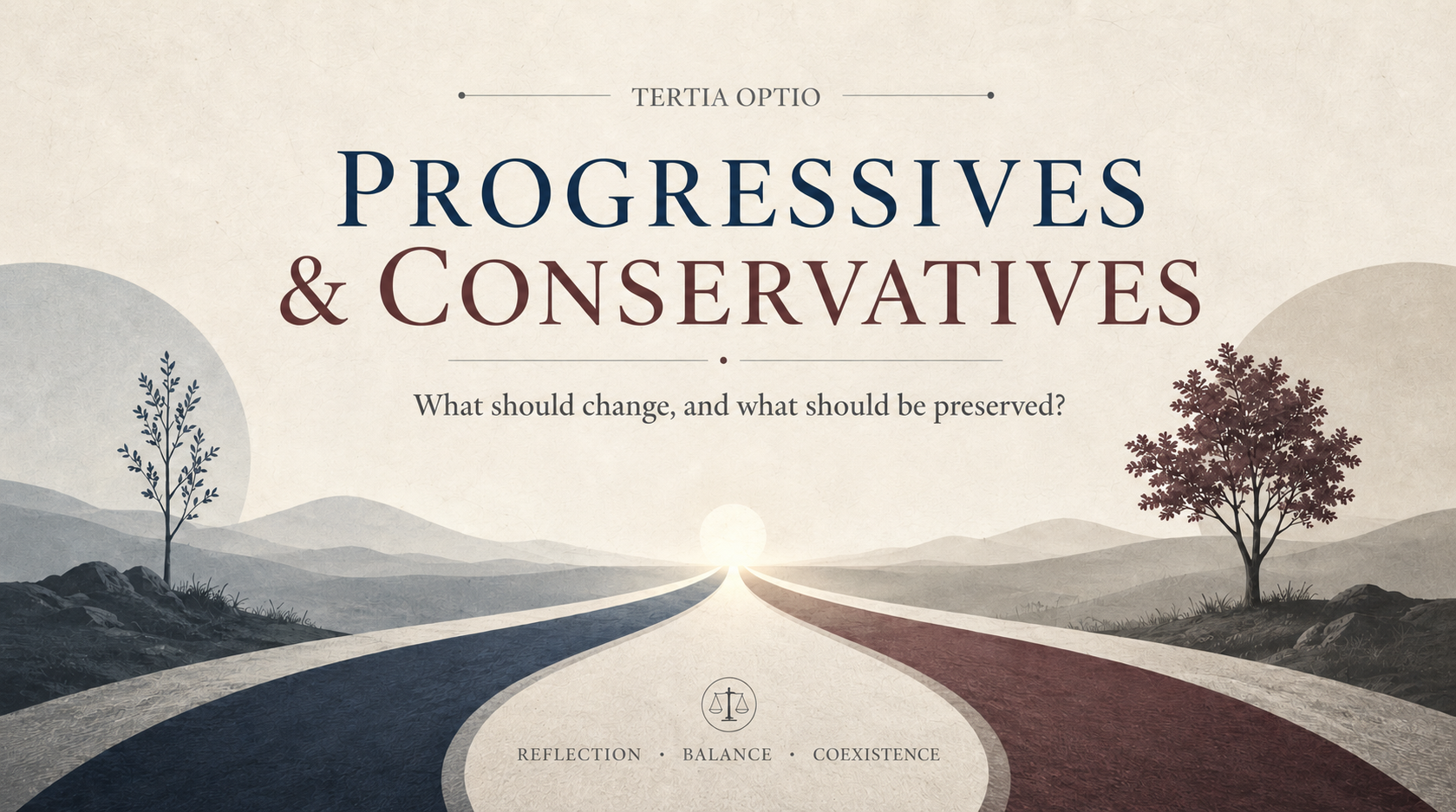 An editorial illustration of progressive and conservative paths facing one public horizon