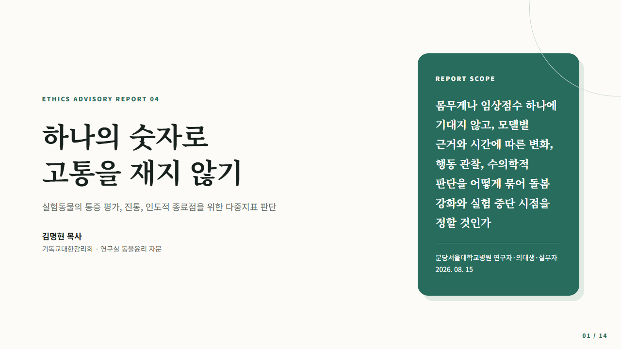 실험동물 통증 평가와 인도적 종료점의 다중지표 판단을 다룬 리포트 표지